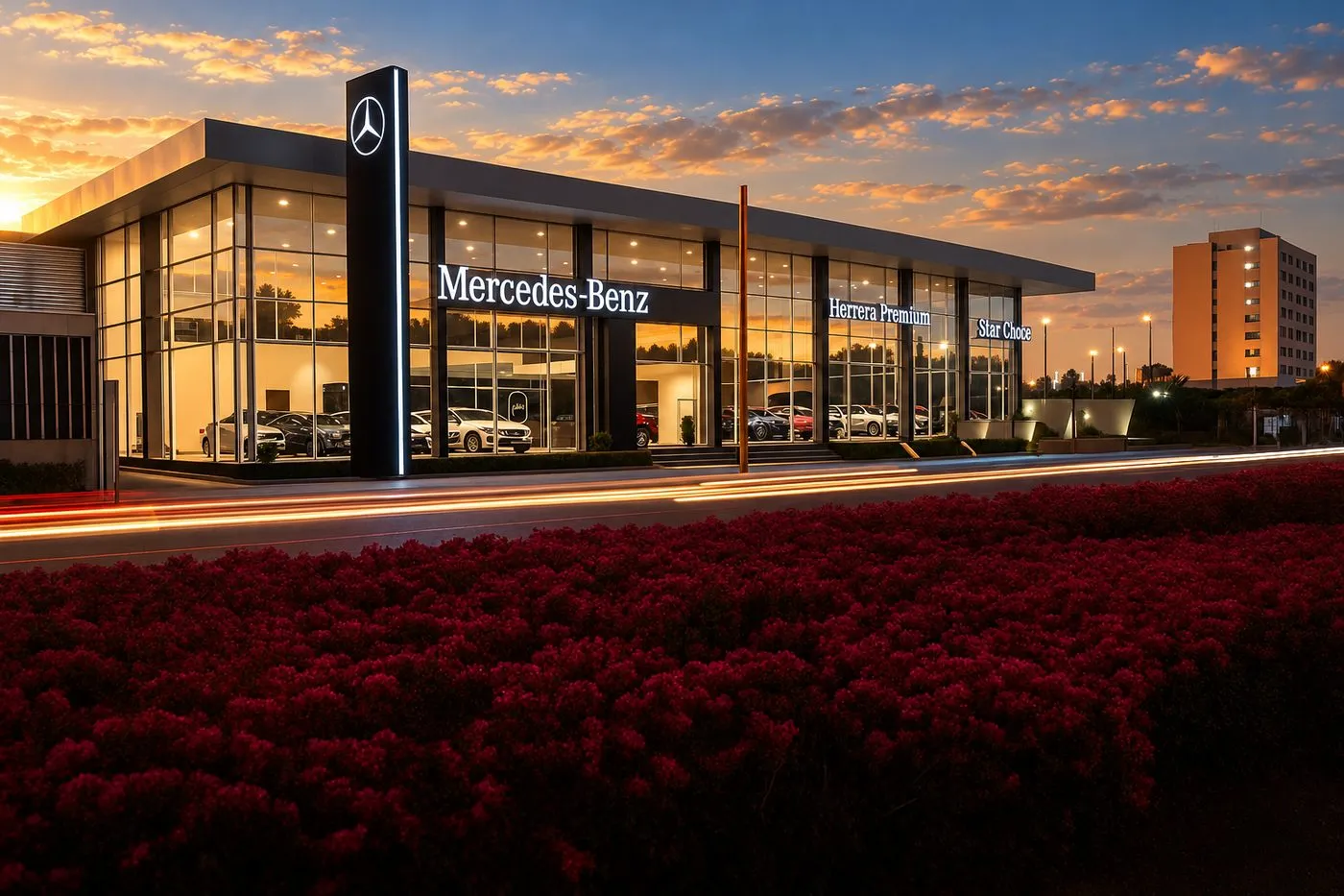 Agencia Mercedes-Benz Herrera Premium, fachada al atardecer