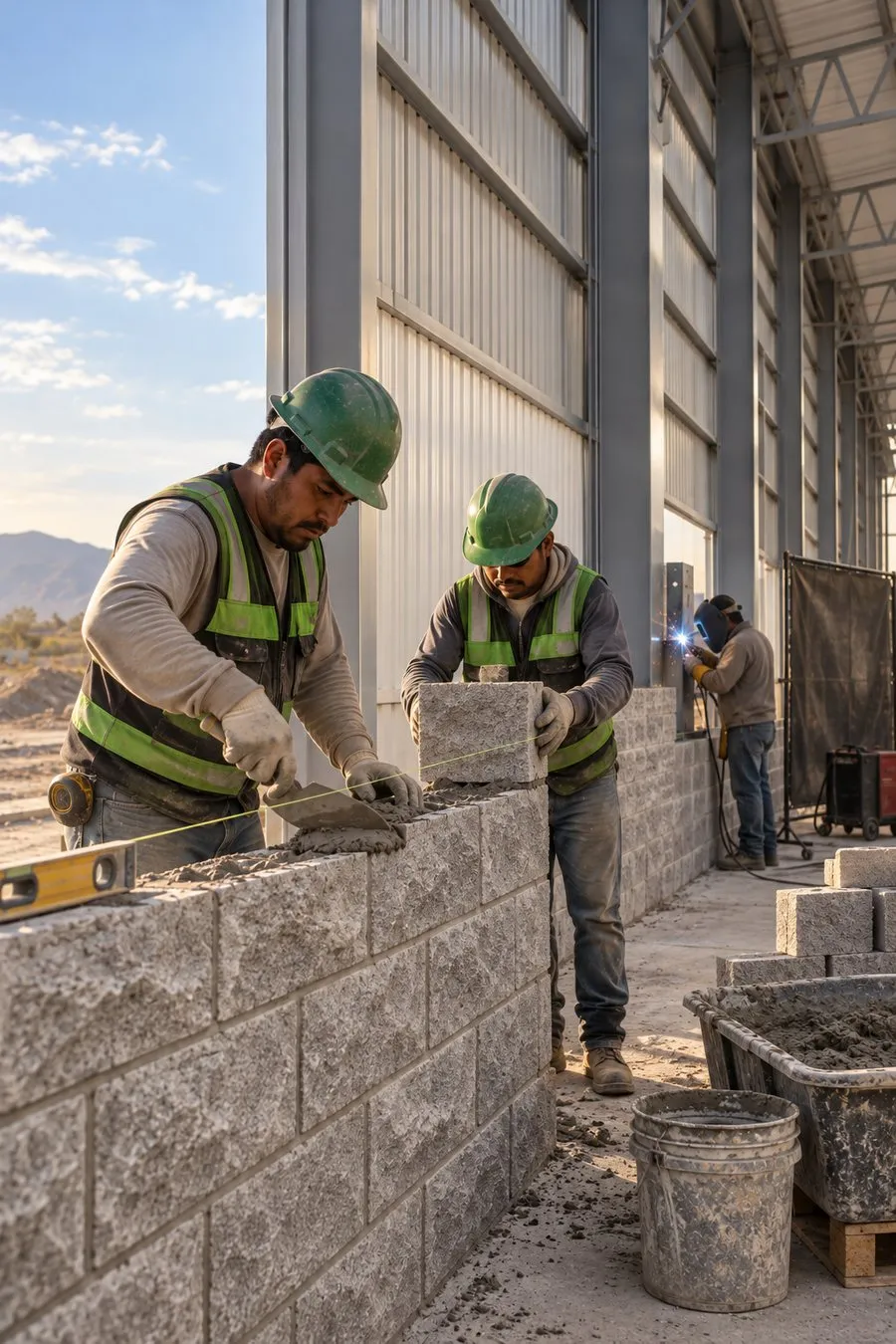 Albañiles con casco verde levantan un muro de block junto a la estructura de una nave