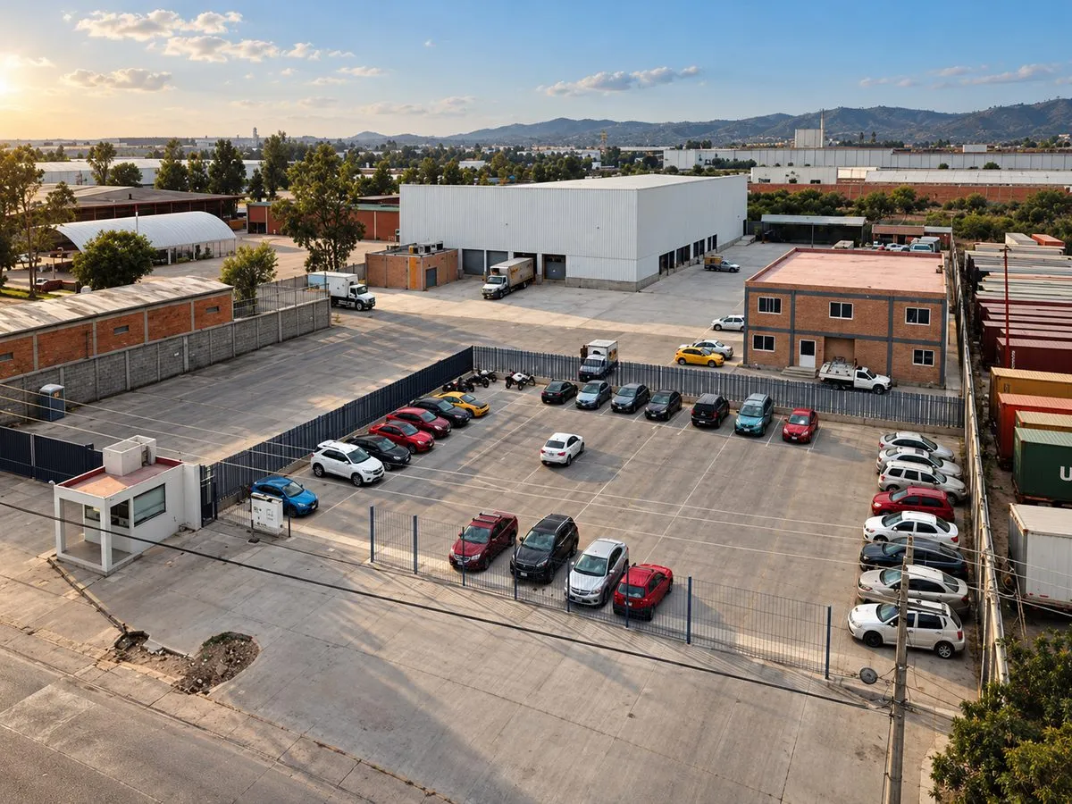 Centro de Distribución Alpura, vista aérea del acceso y el estacionamiento