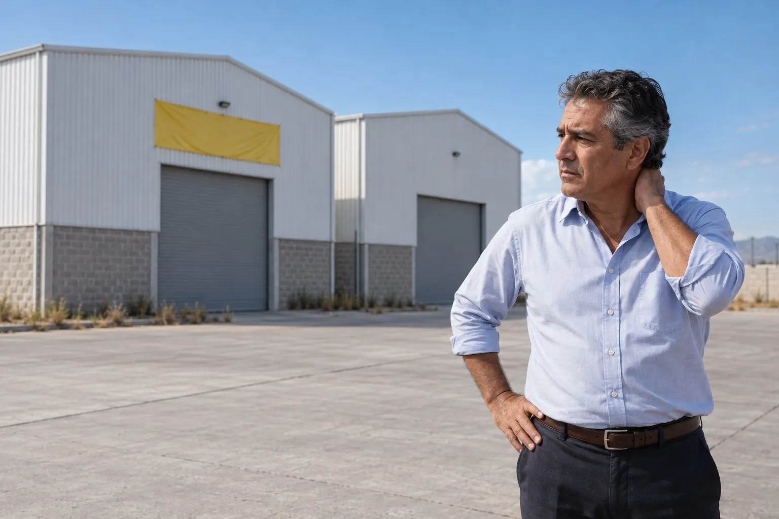 Dueño de dos naves industriales vacías, preocupado, frente a sus cortinas cerradas