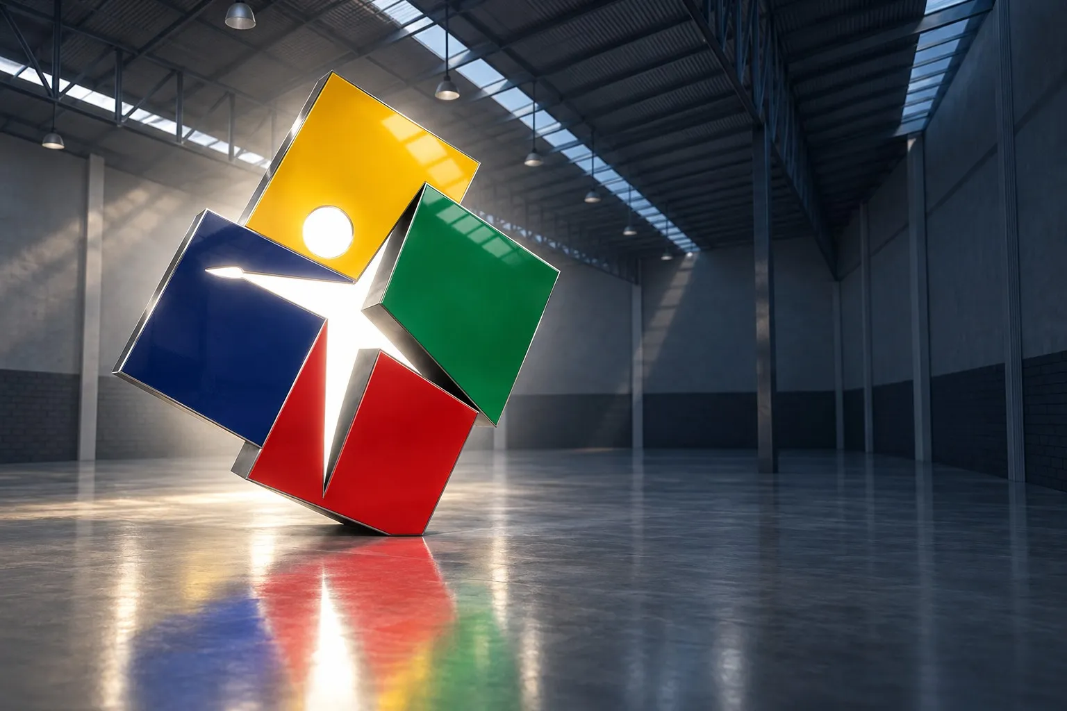 Escultura del logo de Grupo Impulso dentro de una nave industrial, iluminada a contraluz