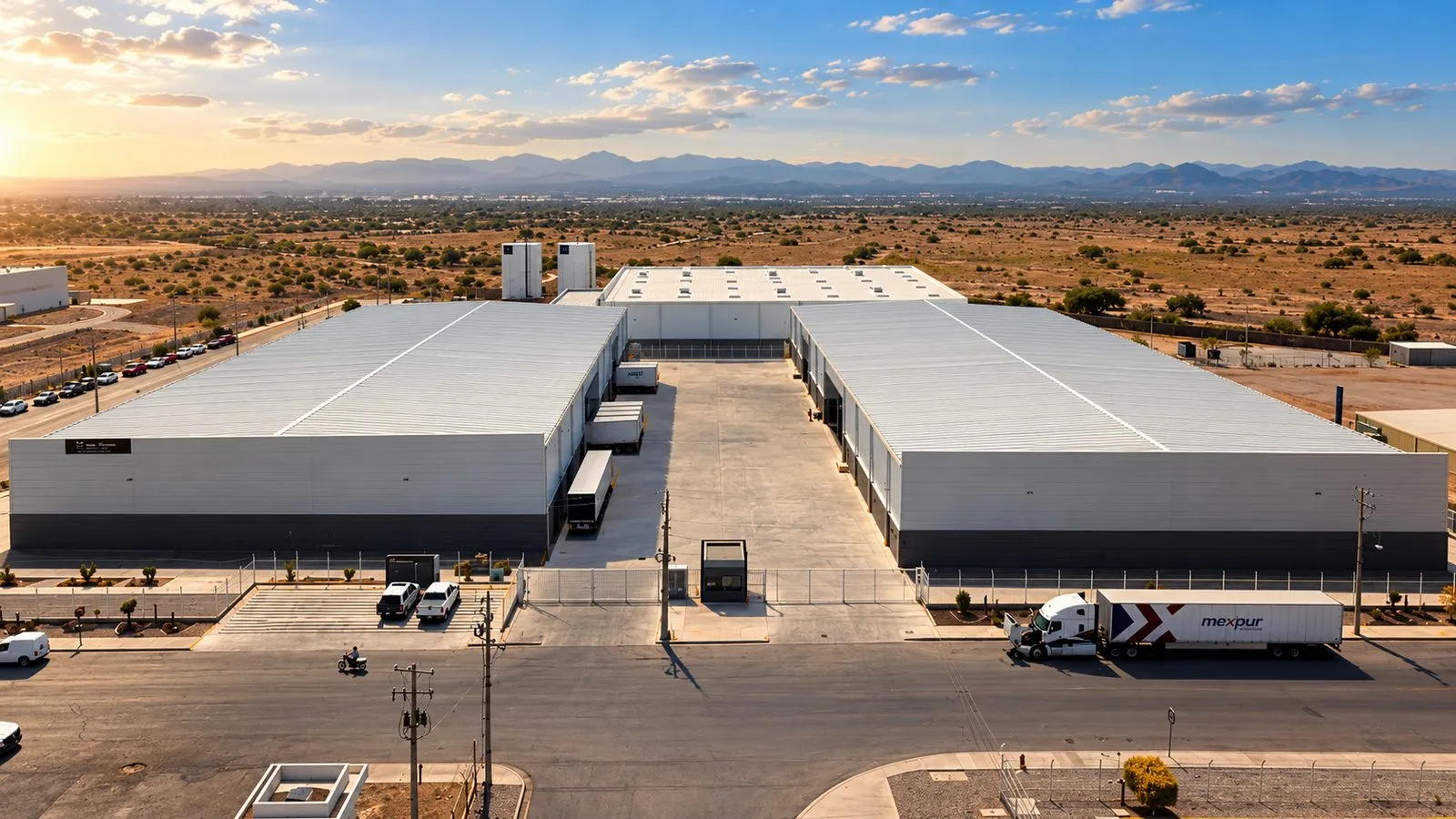 Parque Industrial NEXUP II, vista aérea del frente con el acceso