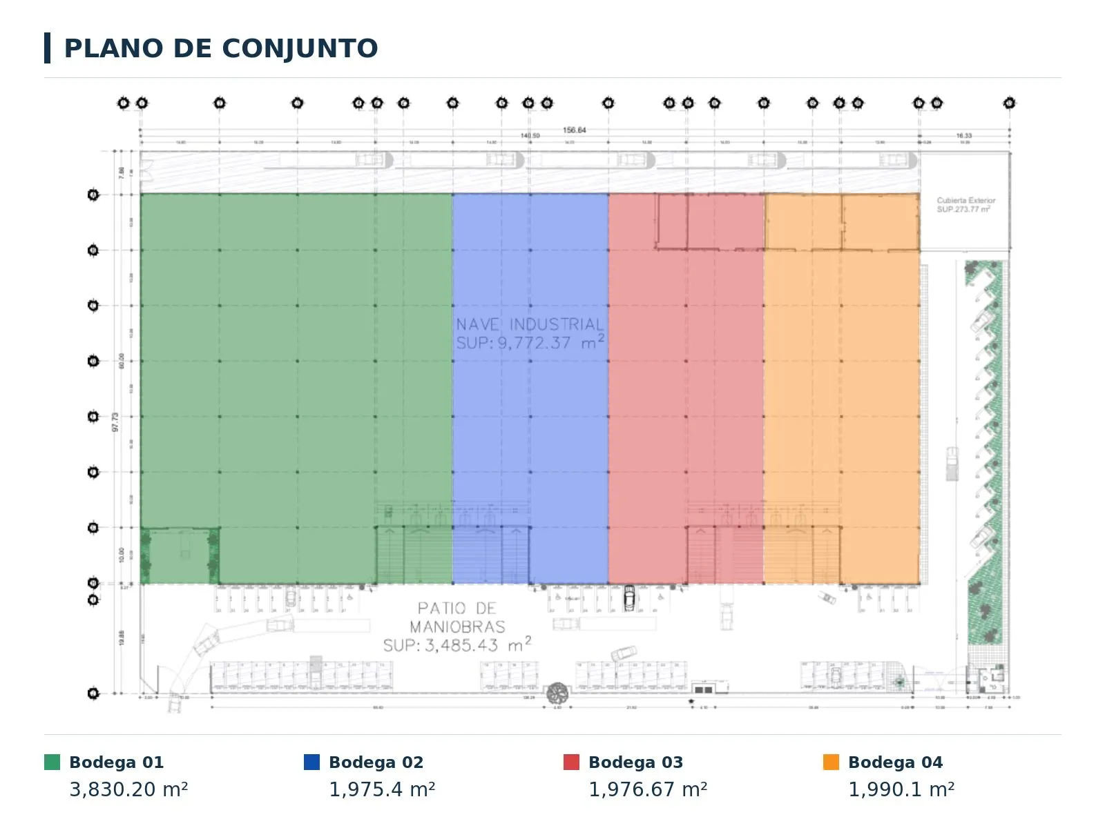 Parque Planeación, plano de conjunto con cuatro bodegas