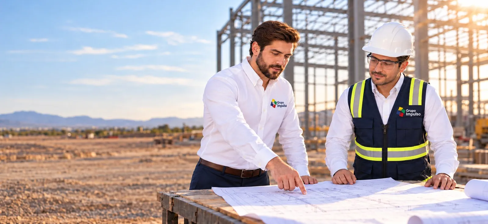 Un arquitecto le explica a un ingeniero el plano de una nave industrial en la obra
