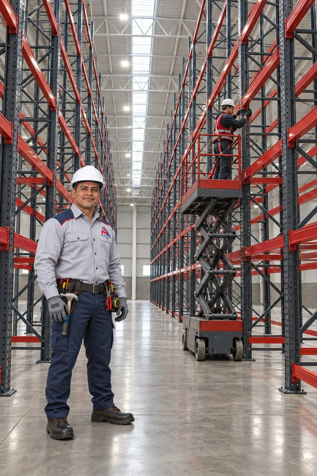 Un instalador de ML Racks con casco y cinturón de herramientas posa en un pasillo de racks mientras un compañero en plataforma de tijera coloca vigas