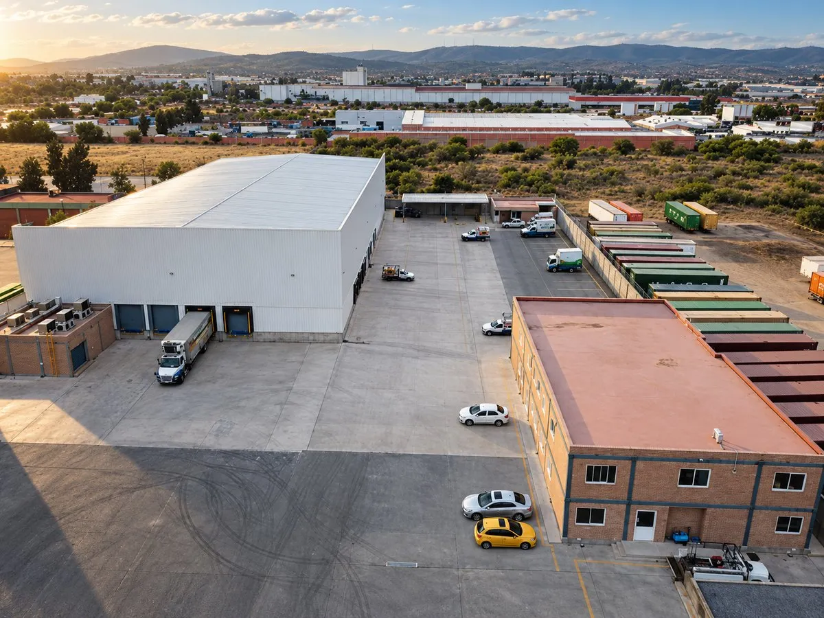Vista aérea del Centro de Distribución Alpura con su nave, andenes y patio de maniobras